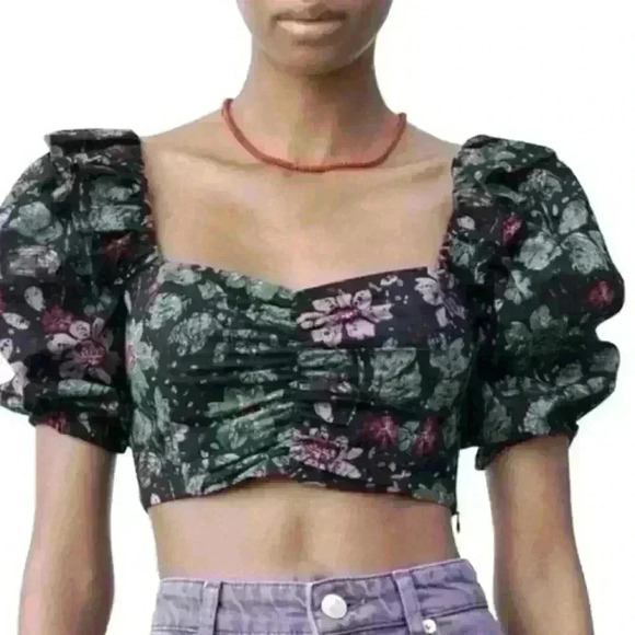 ZARA | Black/purple/Green Floral Smocked Zip Up Crop Top - Picture 2 of 8